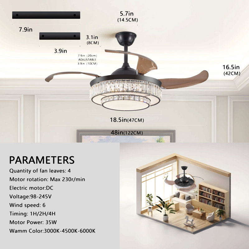 Ventilateur de plafond rétractable 48 po avec lumière et télécommande, moteur DC réversible silencieux à 6 vitesses, ventilateurs de plafond modernes à 4 pales pour la cuisine, la salle à manger et le patio