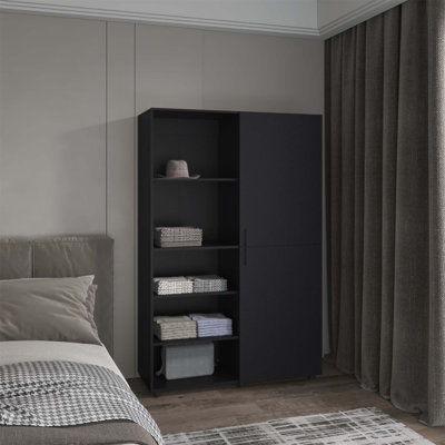 Armoire haute autoportante à deux portes avec tringle et tablettes intérieures, garde-robe compacte pour chambre à coucher