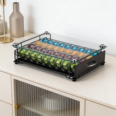 Nespresso Vertuo Capsule Holder Drawer With Tempered Glass Top - 40 Pod Storage Rack Organizer For Countertop Or Cabinet