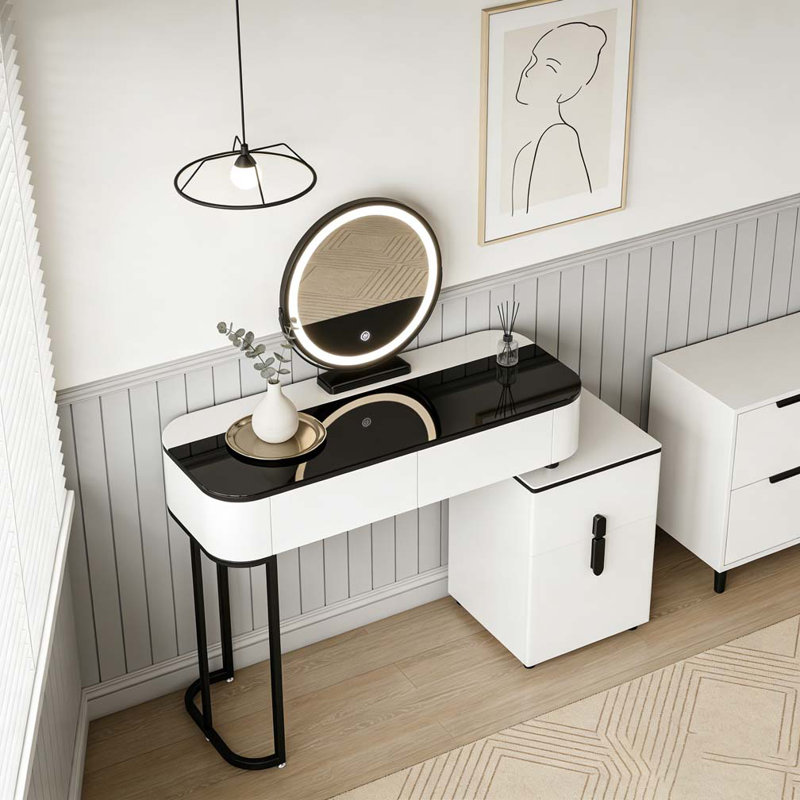 Modern Vanity Table with Tempered Glass Top, Adjustable Height Legs, Multi-functional Storage Cabinet and Round Mirror