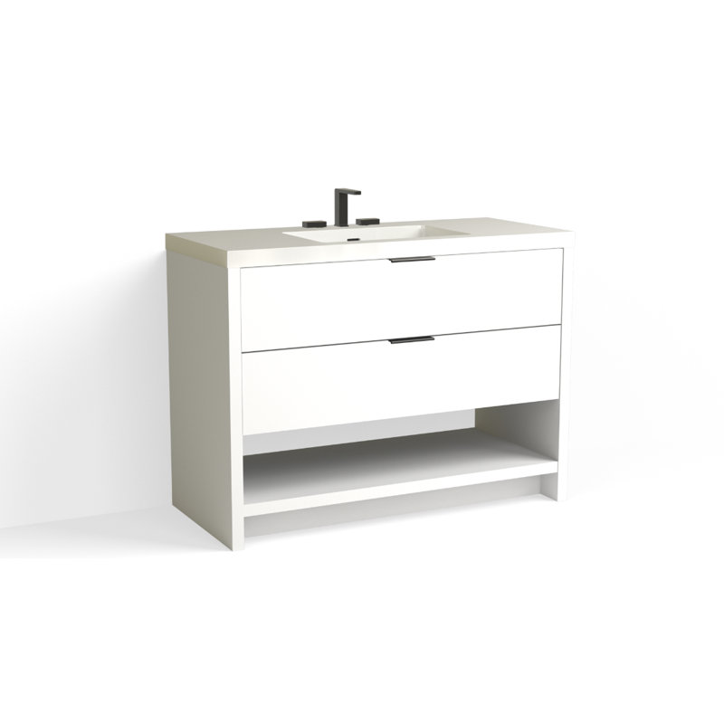 Vue 48" W Freestanding Single Bathroom Vanity, Glossy White/8" Widespread, Matte Black, White Nanomatte