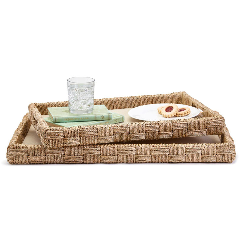 Set Of 2 Hand-Crafted Sea Grass And Rattan Oversized Decorative Square Tray