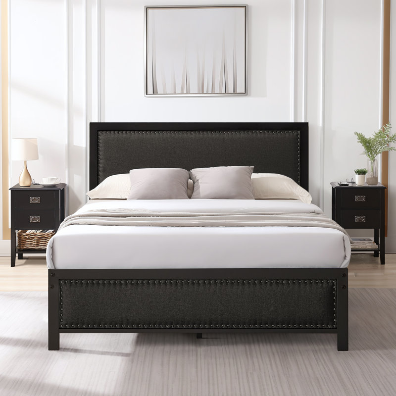 Cadre de lit moderne avec tête de lit tapissier et tables de chevet à 2 tiroirs avec ports de chargement USB, Double