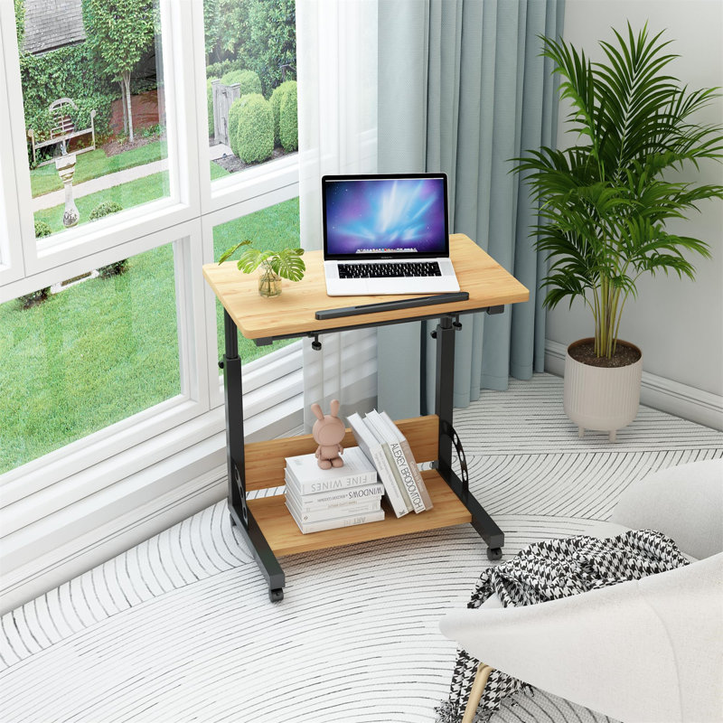 Adjustable Bamboo and Black Metal Rolling Laptop Cart