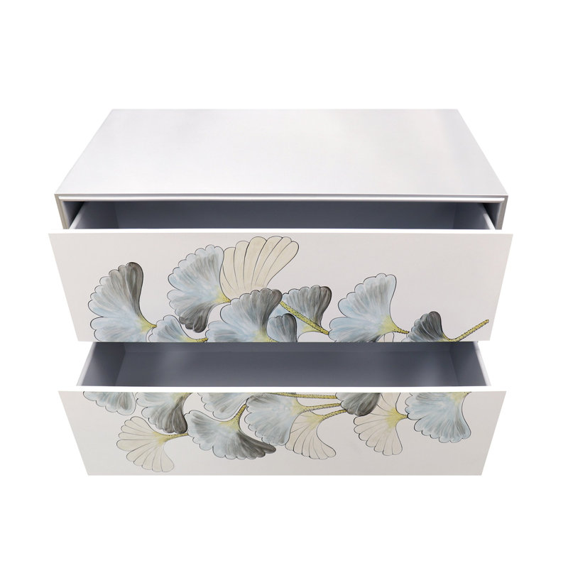 Annabelle Silver Nightstand, 2 Floral Drawers & Bronze Metal Frame 