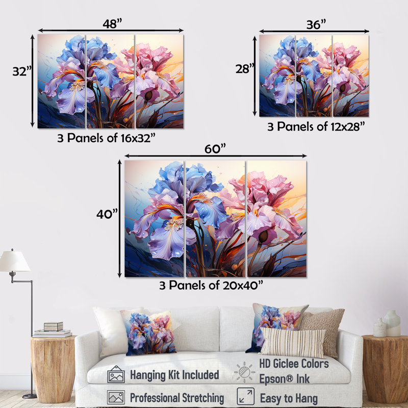Iris Burst With Fierce Brushwork Dreamscape - ensemble d'art mural Iris, H 28 po x l 36 po x P 1 po
