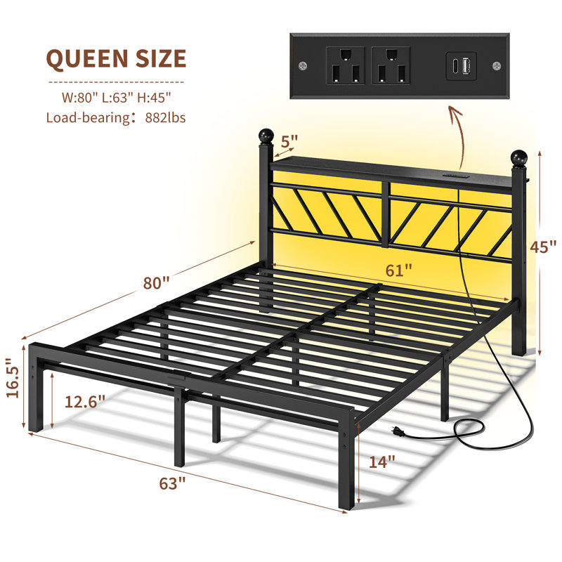 Metal Bed Frame With Led Lights And Charging Station, Bed Frame With Headboard And Footboard With Storage Shelves And Under Bed Storage, Noise Free