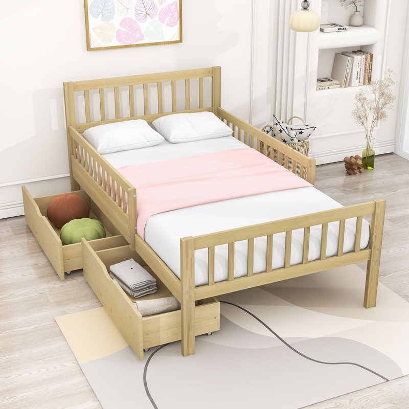 Lit plateforme en bois 2 tiroirs avec garde-corps, Simple, Naturel