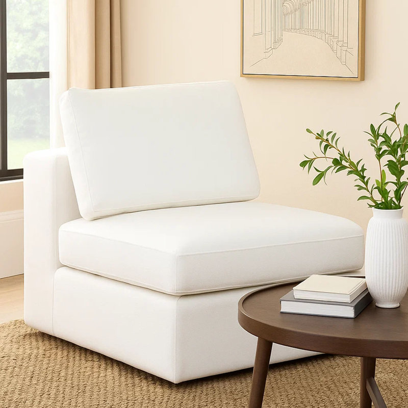 Fauteuil modulaire sans accoudoirs, blanc brume moelleux, structure en bois massif de 41 pouces Lipi