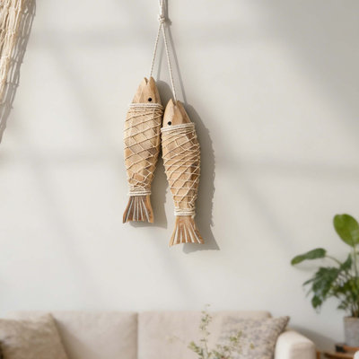 Mediterranean Vintage Rustic Wall Hanging Ornaments， Artificial Wood Carved Fish Skewers With Jute Rope 2 Pack