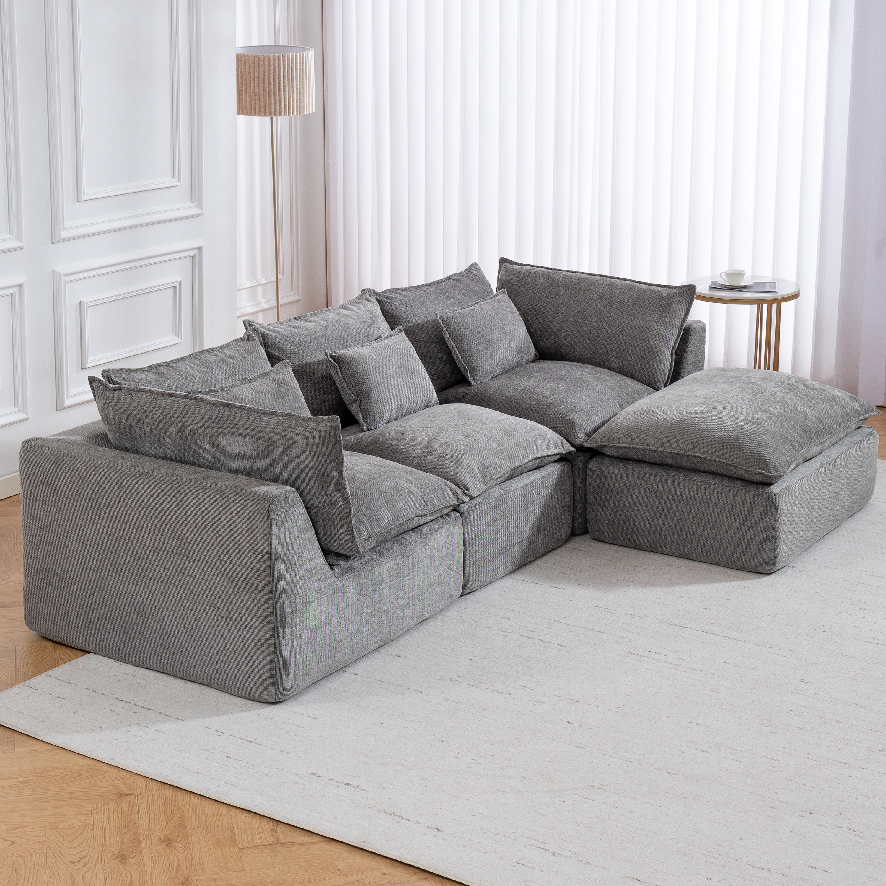 108" Cloud Sectional Couches For Living Room, Convertible L-shape Couch With Ottoman, 3 Seater Modular Sectional Sofa, Warm White