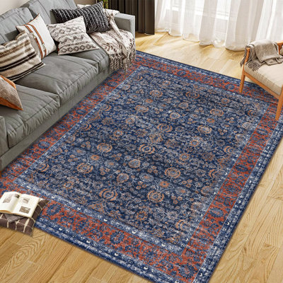 Tapis lavable pour le salon, tapis floral rétro à poils courts, antidérapant, tapis résistant aux marques pour le salon, la chambre à coucher, la salle à manger et le bureau à domicile