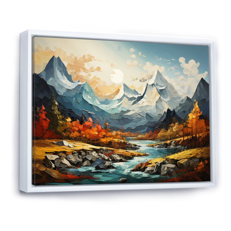 «Orange Teal Mountains Majestic Peaks Collage III», reproduction, 16" H x 32" W, Cadre flottant blanc