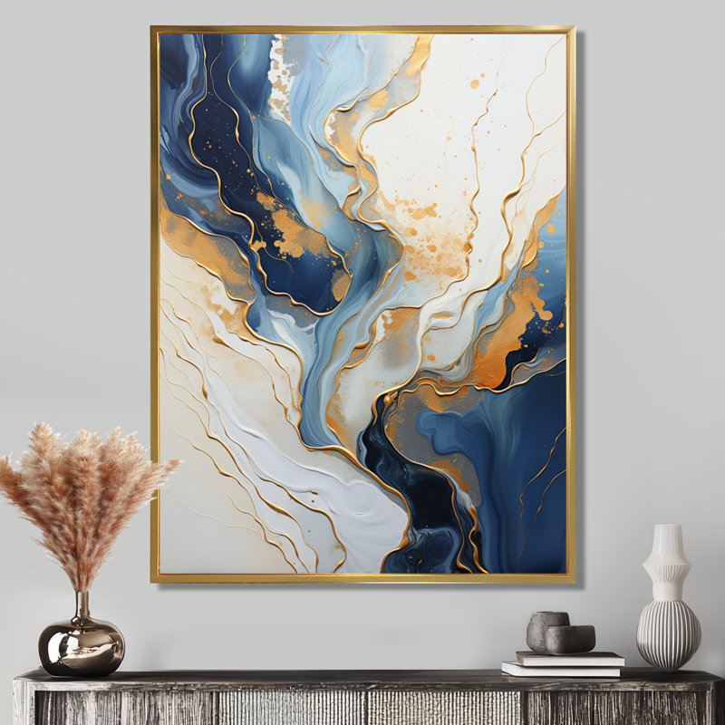 Sun Rays Ocean Blue White Gold III - Marble Wall Art Living Room, Toile avec cadre flottant or, H 44 po x l 34 po x P 1,5 po
