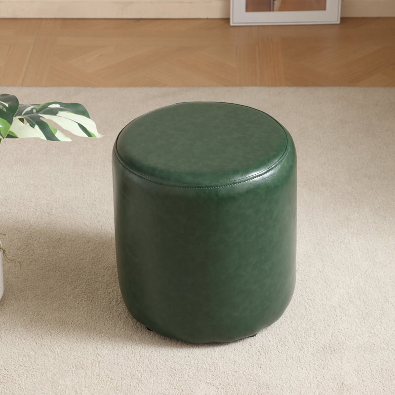 11.8In Small Round Faux Leather Upholstered Ottoman, Green