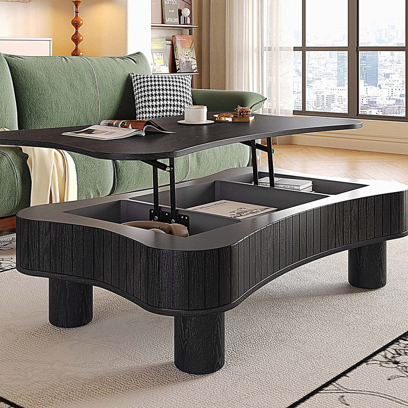 Table basse à plateau relevable avec rangement à panneau cannelé, Noir