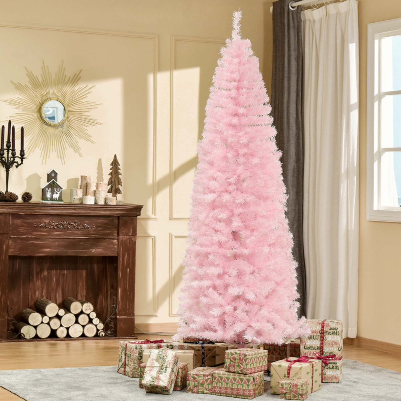 Sapin de Noël artificiel mince de 7 pi avec 818 pointes réalistes, rose