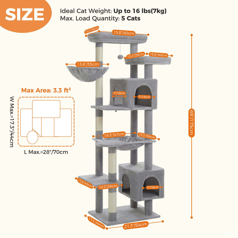 69" Gray Plush Cat Tree Tower with Hammock and Condo