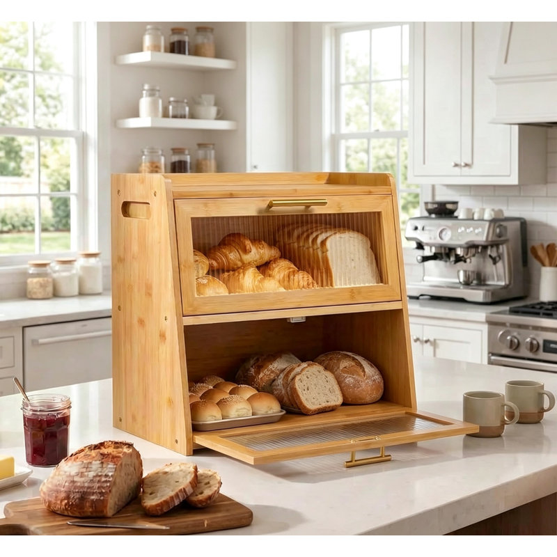 16.5" Double‑Layer Bamboo Bread Box, Extra‑Large Countertop Storage with Frosted Acrylic Windows