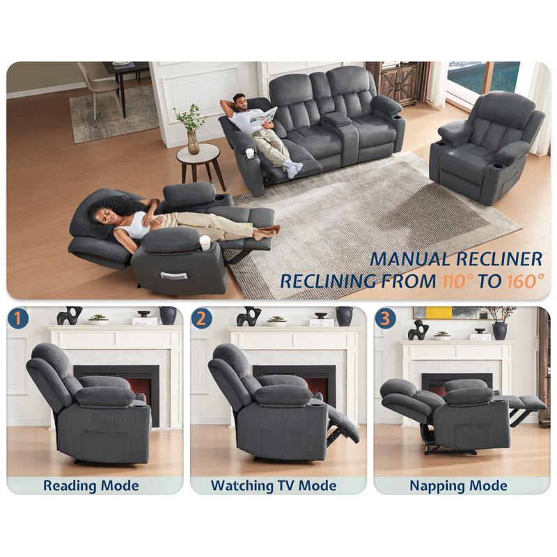Canapé inclinable moderne, fauteuil confortable avec console, canapé modulaire inclinable 3 pièces avec porte-gobelet et prise de charge, canapés 3 places pour le salon