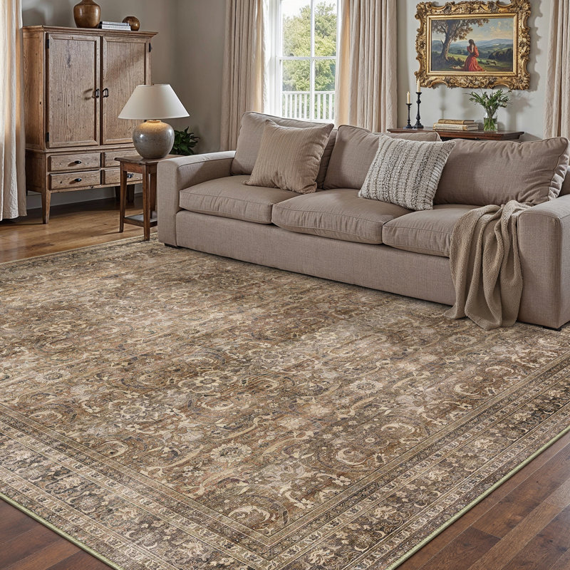 Tapis Amber lavable en machine à motif floral vintage avec envers antidérapant, Rectangle 6 pi x 9 pi
