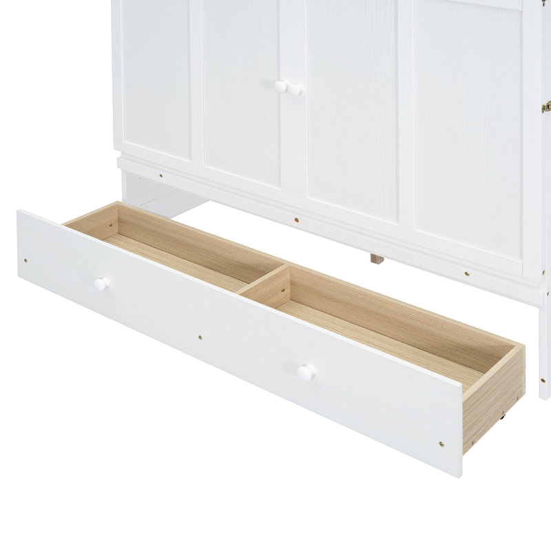 Lit escamotable avec port USB et grand tiroir, Double, Blanc