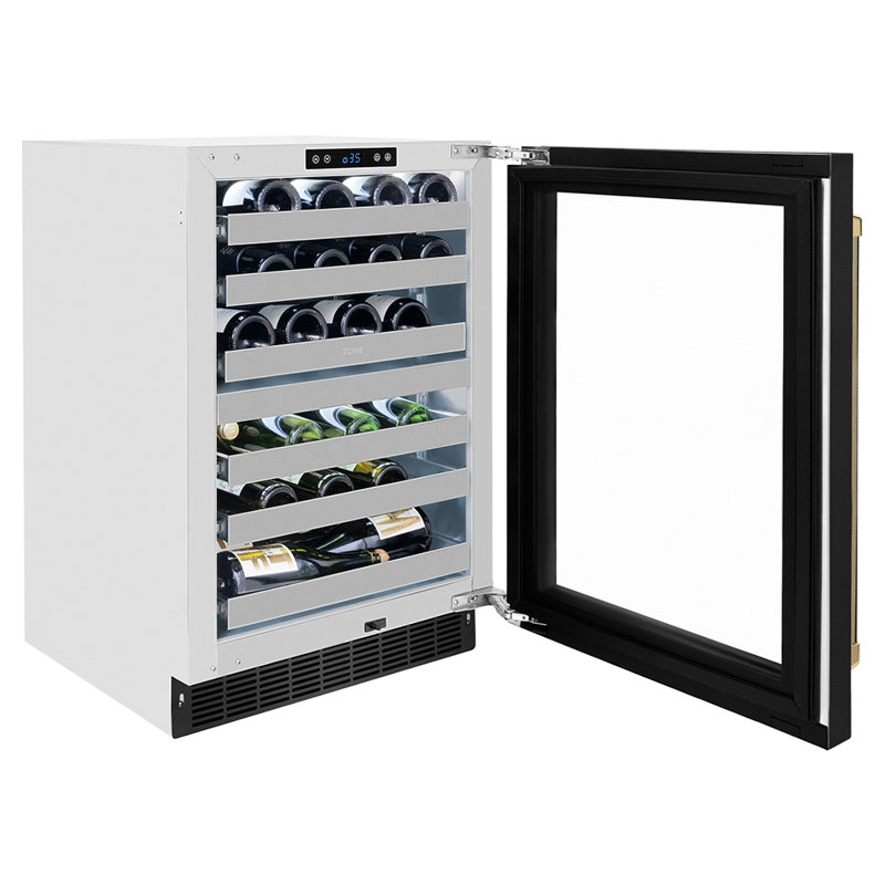 ZLINE Autograph 24 in. Touchstone Dual Zone Wine Cooler with Black Steel Door & Bronze Helix Handle, Gold