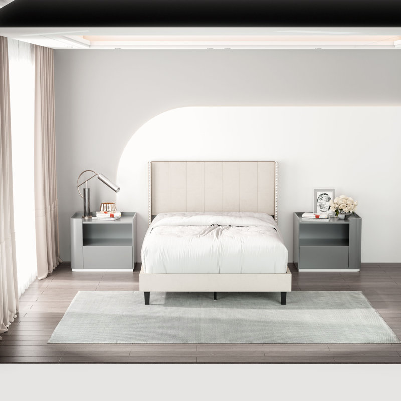Manelyk Upholstered Metal Wingback Bed, Full/Double