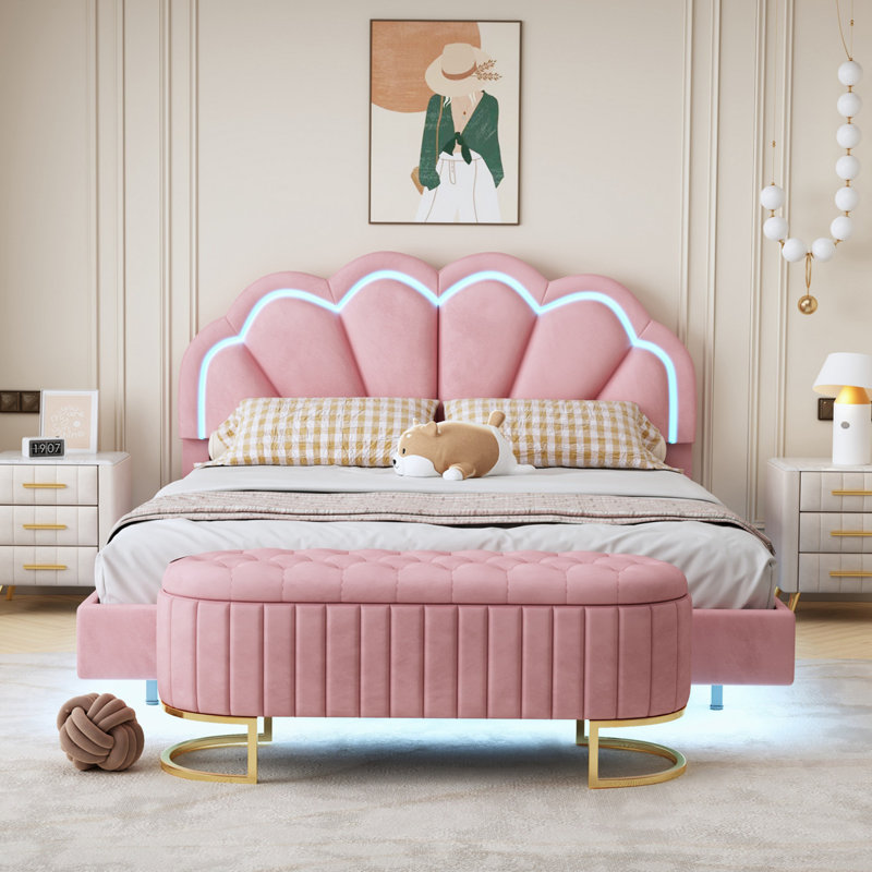 Ensemble de chambre à coucher 2 pièces, lit plateforme tapissier avec repose-pieds DEL, Rose, Grand