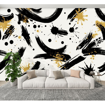 Peel and Stick Wallpaper Abstract Black Gold Brushstroke White Wall Murals 100"H x 144"W Removable PVC Wall Paper Self-Adhesive Wall Decor for Bedroom Living Room Home Office
