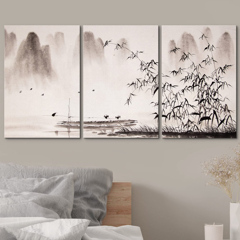 Abstrait, paysage chinois, peinture à l'encre, décoration murale moderne, Toile tendue, H 36 po x l 72 po