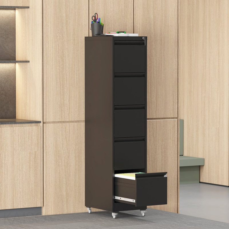 5 Drawer Metal Vertical File Cabinet With Lock On Wheels For Home Office,Heavy Duty Metal Storage Cabinet For A4/Letter/Legal Size Files, Black, 17.71"D*15.16"W*64.17"H