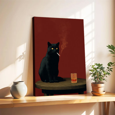 Tableau grand format sur toile, style rétro, représentant un chat noir fumant une cigarette avec un verre de whisky, idéal pour le salon ou la chambre.