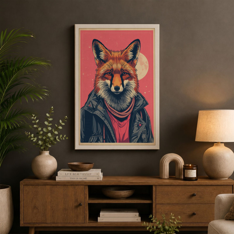 Fox in Navy Jacket Modern - Wrapped Canvas, 24x16 - 61.0 x 40.6 cm, Ochre Border