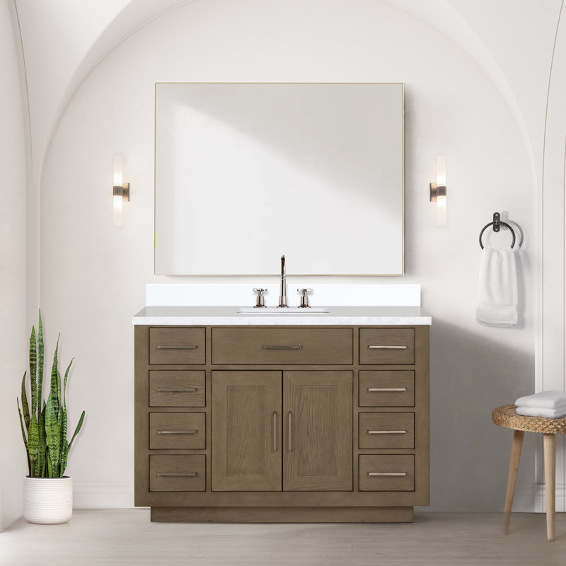 Ensemble de meuble-lavabo simple 48 "avec miroir, Chêne gris, White Quartz