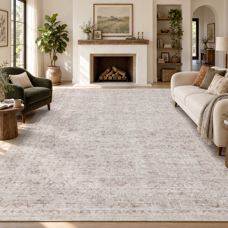 Tapis lavable floral beige doux avec envers antidérapant pour salon, chambre à coucher, Beige, Rectangle 5 pi x 7 pi