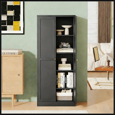 Heavy-Duty Black Metal Kitchen Pantry Cabinet with 4 Adjustable Shelves, 110lb Capacity, and Space-Saving Design for Modern Homes