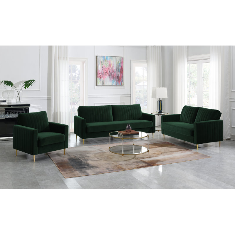 Marienville 3 Piece Velvet Standard Living Room Set, Dark Green