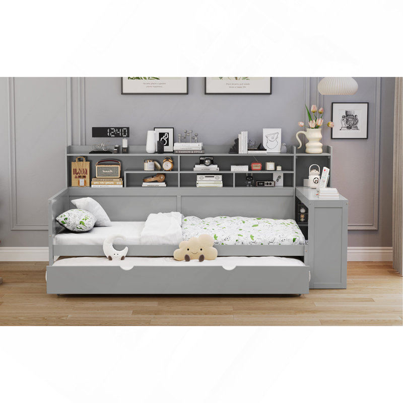 Wooden Twin Size Daybed With Storage Shelves, Multi-Functional Bed With Twin Size Trundle Bed And Study Desk, Gray