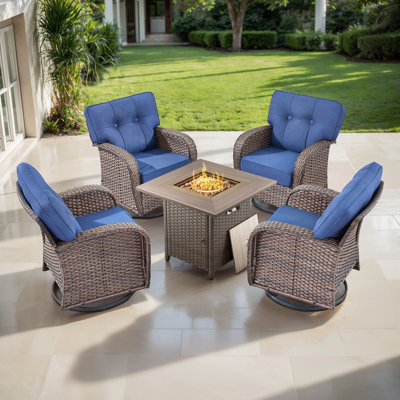 Agnes All-Weather Rattan Outdoor T-Back Cushions Conversation Set With Swivel Chairs And Fire Pit (Set Of 4)
