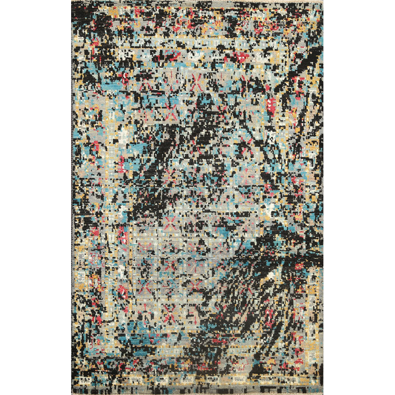 One-of-a-Kind 4'1" x 6'1" New Age Rectangle Silk and Wool Area Rug in Black and Blue