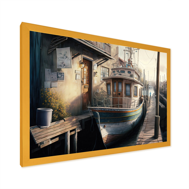 Port rustique avec un bateau de pêche IV - Peinture sur toile, H 12 po x l 20 po x P 1 po