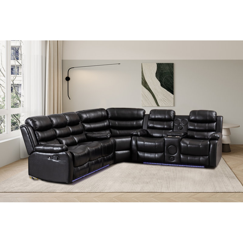 Riyani USB Faux Leather Sectional With LED Lights & Sound Woofer System , Black Faux Leather