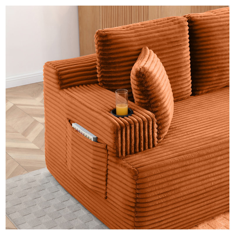 Canapé de sol trois places en velours côtelé sans dossier, 219 cm (86,2 po), avec porte-gobelets et poches latérales, orange