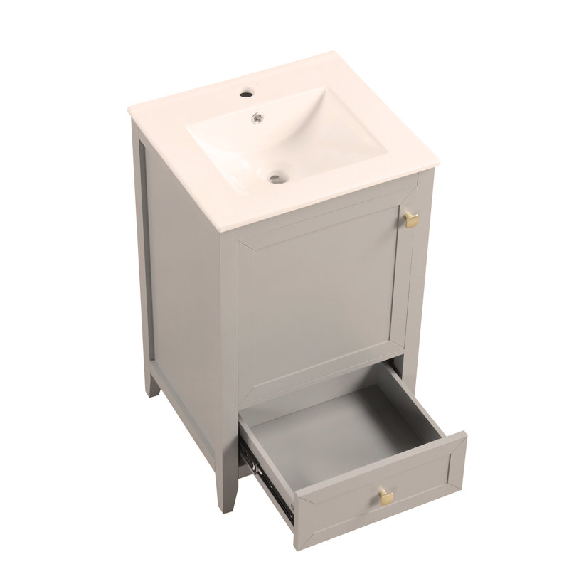Meuble-lavabo de 20 po avec lavabo en céramique, porte à fermeture douce, support de rangement et tiroir, assemblage facile
