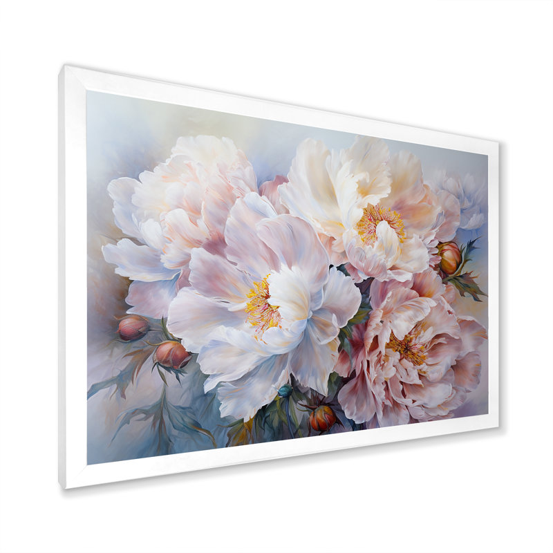 Reproduction d'art sur toile, pivoines roses et blanches, Cadre simple blanc, H 24 po x l 32 po x P 1 po