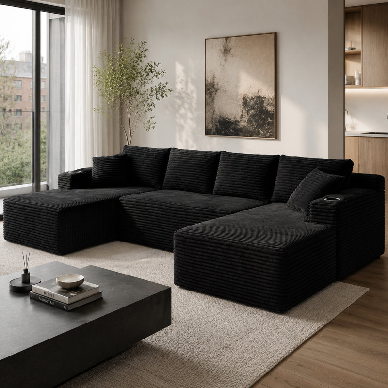 Modular U-Shaped Sectional Sofa Set, Free-Combination Corduroy Cloud Couch, Black Corduroy