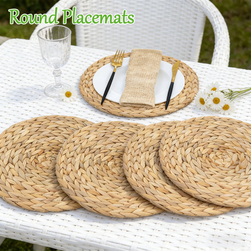 Natural Water Hyacinth Round Placemats Set of 4, 11.8" Handwoven Woven Table Mats for Dining Table, Kitchen, Farmhouse & Boho Decor