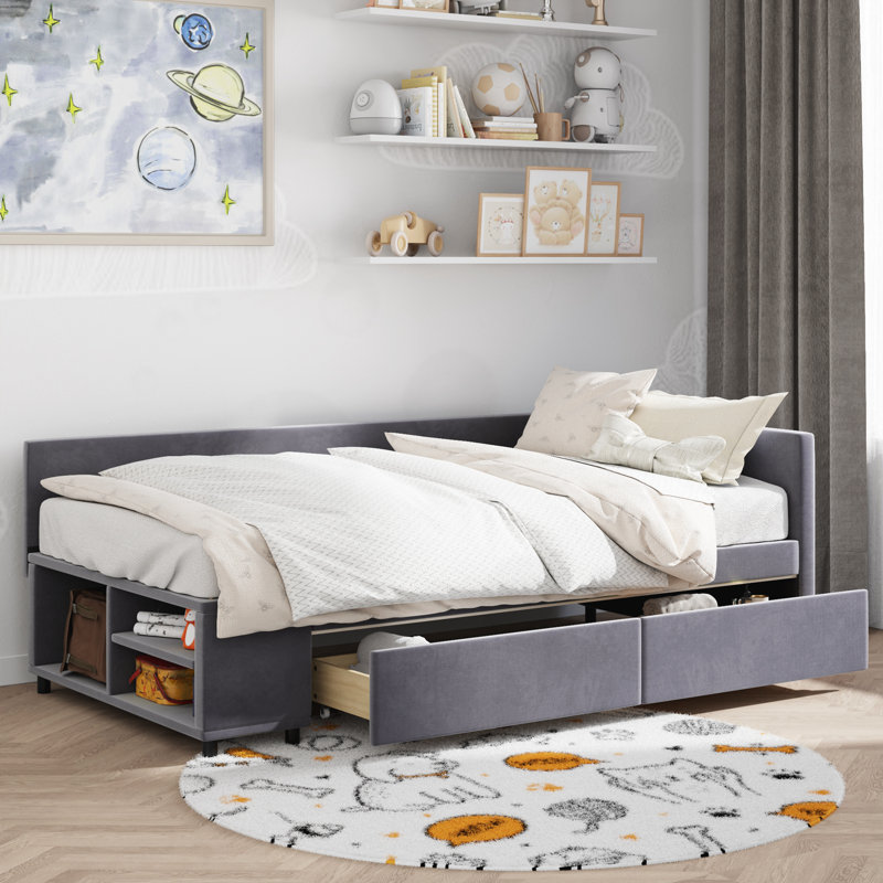 Twin size L-Shaped Upholstered Platform Bed with Storage and Drawers, Gray