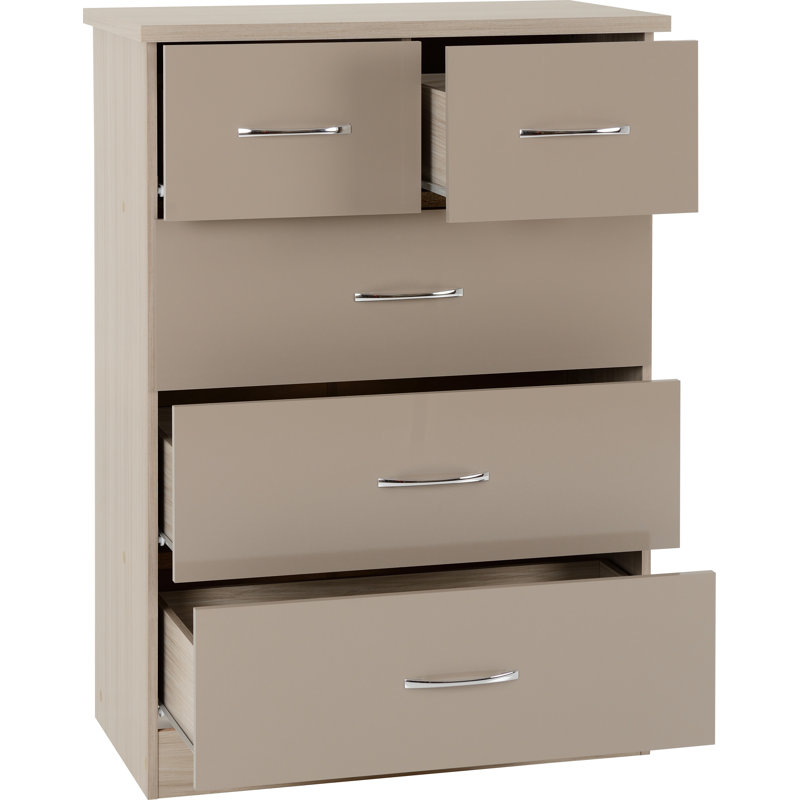 Cascio 5 Drawer Chest Of Drawers, Oyster Gloss/Light Oak Effect Veneer